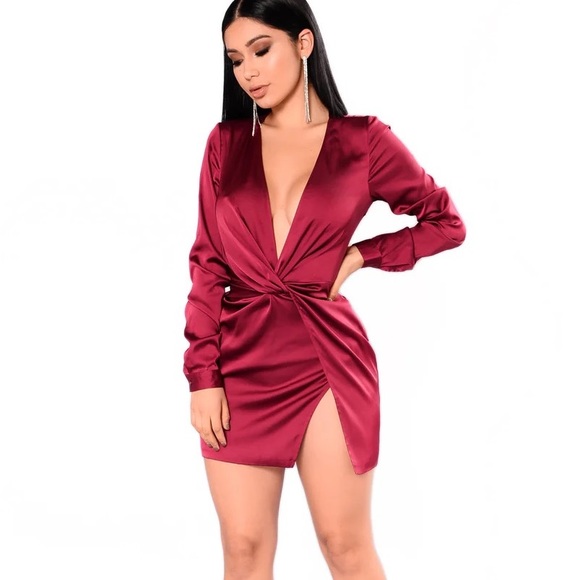 Fashion Nova Sugar Free Dress - Red Burgundy Satin Mini Plunge Party Dress - Picture 1 of 5